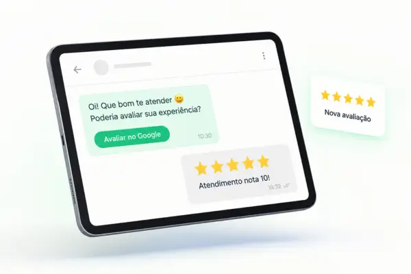 Mensagem pedindo avaliação ao cliente com botão Avaliar no Google e uma avaliação 5 estrelas