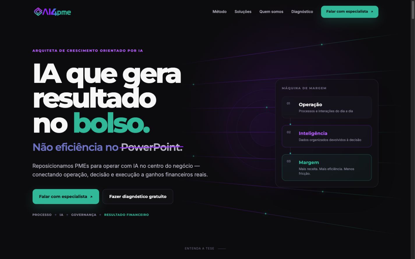 Página inicial da AI4pme, com posicionamento de inteligência artificial para PMEs