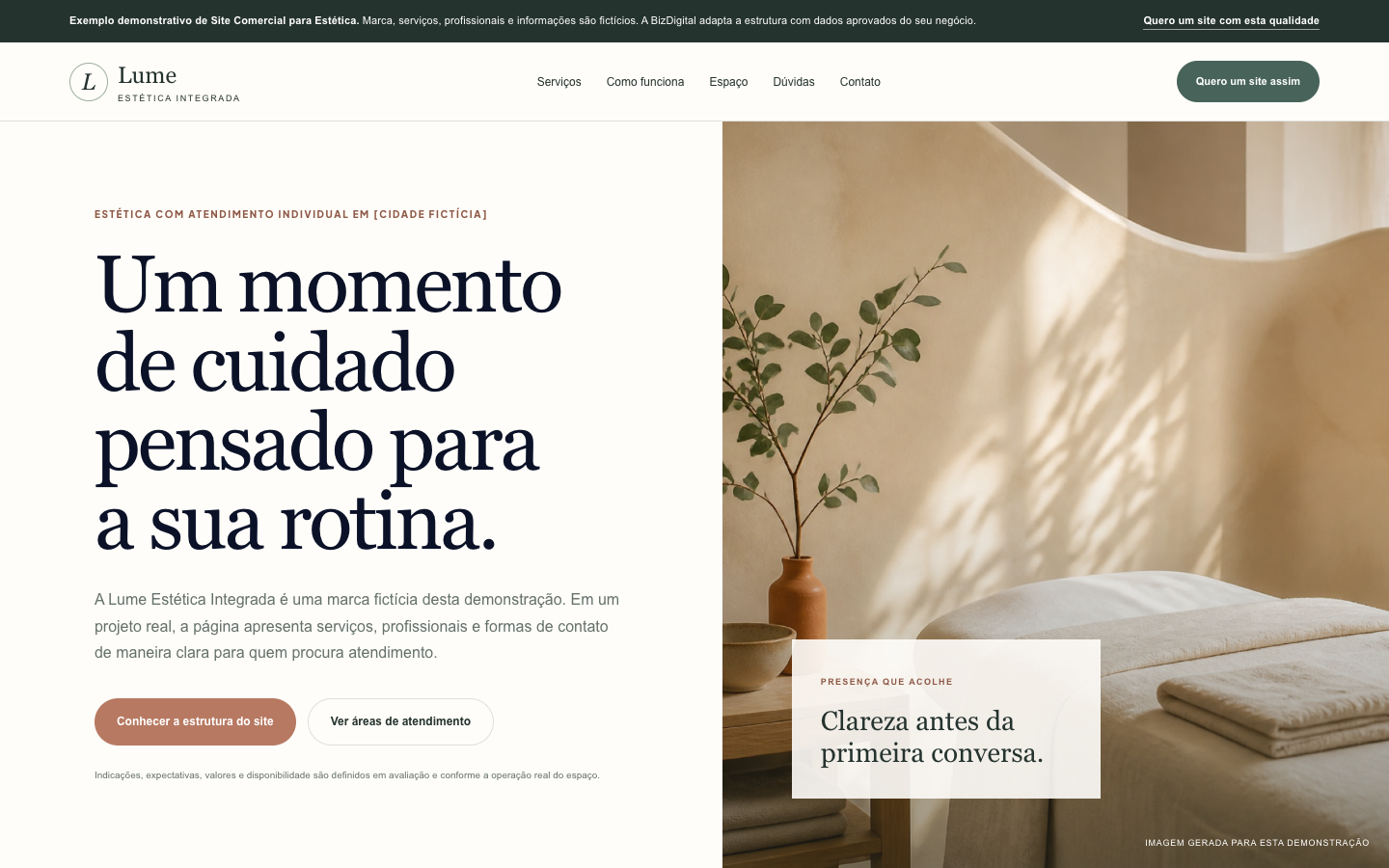 Exemplo demonstrativo de site comercial para um negócio fictício de estética