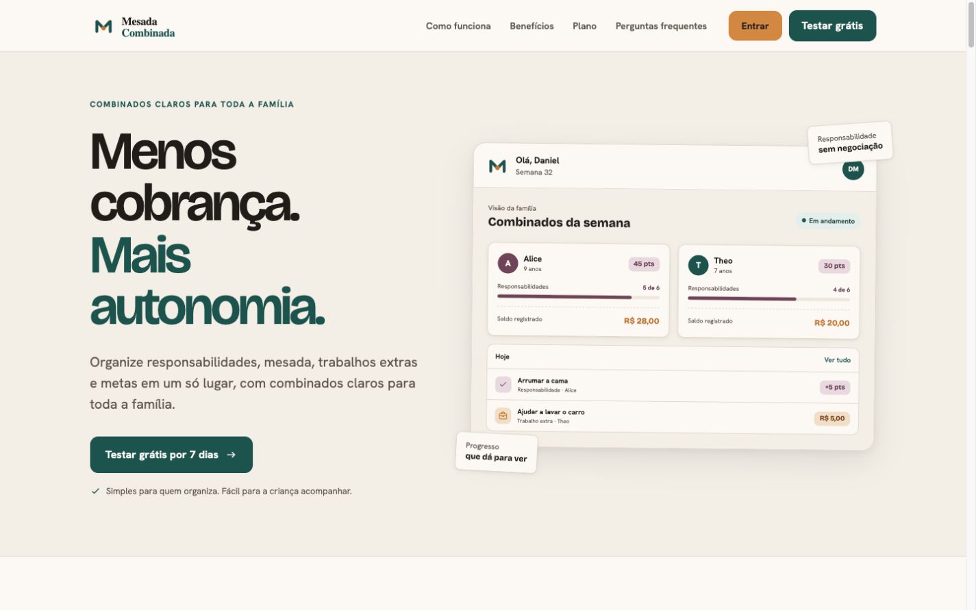Página inicial do Mesada Combinada, com painel de combinados da família