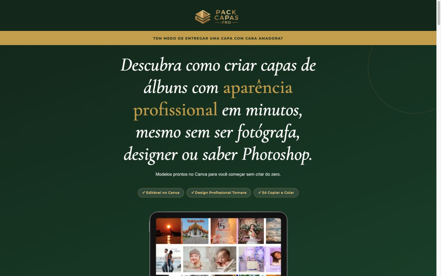 Página de vendas do Pack Capas Pro, produto digital para criação de capas de álbuns